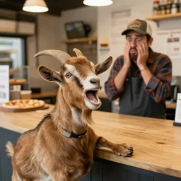 a brown goat in a pizza shop at the counter screaming at a confused and upset employee wearing flannel and a baseball cap