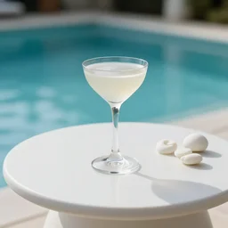 5 5 mm photo of white cocktail on a zen minimalist white table with luxury pool in the background. highly detailed 8 k. intricate. lifelike. soft light,
