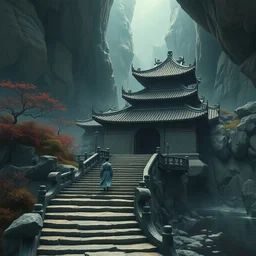 a gorgeous landscape painting by gustave dore, maxfield parrish and marco mazzoni. chinese temple. a lonely chinese taoist in grey blue long gown walks on the winding steps. stone gate to the dark cave. ultra clear detailed. 3 d, octane render. turbulent blood lake.