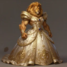 full body photograph of a muscular male anthropomorphic lion man fursona wearing an ornate ballgown, deep focus, intricate, elegant, highly detailed, digital painting, artstation, concept art, matte, sharp focus, illustration, d & d, fantasy, hearthstone, art by artgerm and greg rutkowski and alphonse mucha