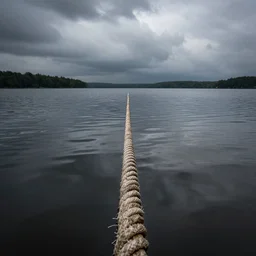symmetrical photograph of a very long rope on the surface of the water, the rope is snaking from the foreground stretching out towards the center of the lake, a dark lake on a cloudy day, trees in the background, anamorphic lens