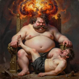 painting of a very fat flesh - eating tsikalawe with a thick moustache sitting on a throne, eating the leg of a terrified man, his hair is a nuclear explosion, cute, hilarious, disturbing, nightmare, highly detailed, funny, hahahaha, by david cronenberg, found on artstation, hyperrealistic digital art