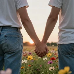 a gay couple holding hands in a field of flowers at sunset, realistic, intricate, 4k