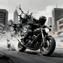 motorcycle skid long shot cityscape low to high spot view black splash art graphic design color splash high contrasting art, fantasy, highly detailed, art by greg rutkowski