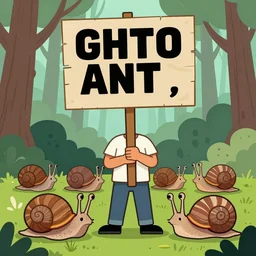 A gta styled illustration of a group of snails holding a sign, protesting in the forest. Photograph