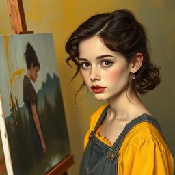 young winona ryder, stands at her easel, painting a self portrait