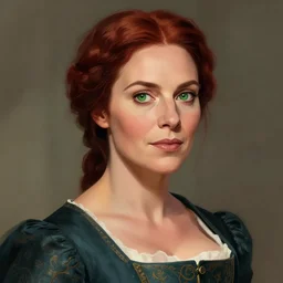 portrait of a 40 years old women, dark red hair, green eyes, in historic clothing, digital art, character art