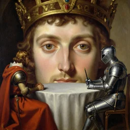 detailed face, matte painting of king arthur and lancelot sitting at the round table, edward robert hughes