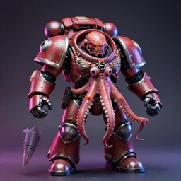 hyperrealistic rendering, flesh monster doom space marine by kenneth scott, product photography, octopus, squid, eyeballs, wet, chrome details, action figure, sofubi, studio lighting, colored gels