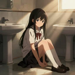 school girl sitting on the tiles in the school bathroom - dramatic cozy art by wlop and okuda genso. featured on pixiv, anime aesthetic. pixiv, warm aesthetic, rays of light, volumetric light, artstation, vanitas, official art, gothic, noise film photo. octane render, redshift render, ue 4
