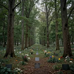 A memorial grove of trees of various sizes dedicated to missing people, metal plaques, solemn, brooding, somber tone, flowers, game art matte painting hyperdetailed, artstation, cgsociety, 8k, surreal dream landscape