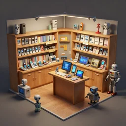 environment art matte painting of the interior of small 2 0 5 0 s microsoft shop, phones, tablets, robots and mannequins, by krenz cushart by ian mcque trending on artstation, 4 k