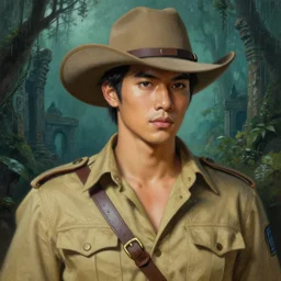 smart and handsome the most famous thai actor dressed as hunter in armed, close - up portrait, with 6 0 s khaki western hat, khaki safari hunter costume, ancient spooky ruin in the rainforest in background, intricate, elegant, loin cloth, highly detailed, oil painting, artstation, concept art, matte, sharp focus, illustration, hearthstone, art by earl norem and lixin yin,