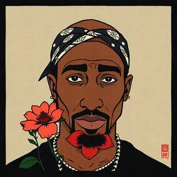 a stylized minimalist portrait of tupac with a bandana and a chrysanthemum. shin hanga and kawanabe kyosai and cory loftis and rossdraws and wlop and rossdraws and greg rutkowski weta studio, 2 d, flat colors, thick black outlined, woodblock print
