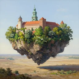 greg rutkowski painting of an island floating in the air above a barren wasteland, there is no connection between the island and the ground, on the island there is a cracow wawel castle and a lot of green vegetation, beautiful, detailed
