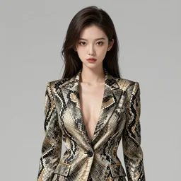 cute beautiful decisive girl in jacket suit with snake print over bare skin, character art, illustration, elegant, 2d, ultra highly detailed, digital painting, smooth, sharp focus, artstation, pixiv, art by Ilya Kuvshinov