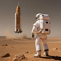 Detailed photo of an astronaut seen from behind, he is standing on top of mount Venus on Mars, he is watching the Starship Super Heavy landing at the background, by Jordan Grimmer, digital art