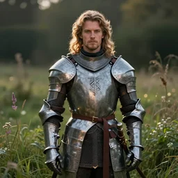 handsome heroic knight made by gerry arthur surrounded by lush grassy field