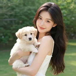 beautiful girl in white dress holding a puppy