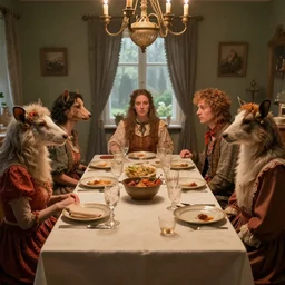a table dinner of animals where animals are dressed like the characters from the midsommar movie, realistic detailed digital art by maxwell boas jessica rossier christian dimitrov anton fadeev trending on artstation cgsociety rendered in unreal engine 4 k hq