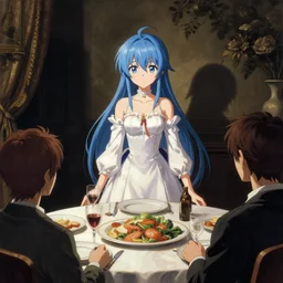 cirno from touhou preparing the home for guests for dinner, blue hair, painting by caravaggio, dark shadows, detailed, high quality