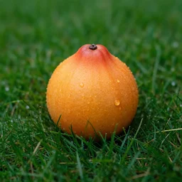 Photograph of otherworldly fruit on grass, vibrant, studio, f/4.5, 50 mm, 1/100 sec, ISO-250
