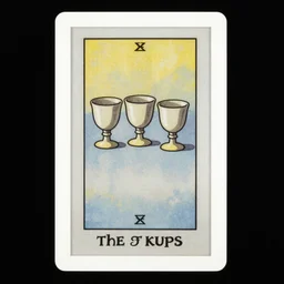 the three of cups tarot card as drawn by studio ghibli, whole card, white frame