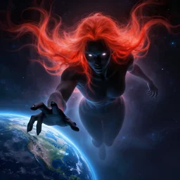 A ghostly presence floats through the universe, glowing eyes, infrared hair, pitch black skin, the destroyer of worlds reaches for earth, cinematic, highly detailed, digital painting, artstation, concept art, smooth, sharp focus, illustration, Unreal Engine 5, 8K, art by artgerm and greg rutkowski