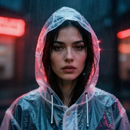 A hyper realistic and detailed head portrait photography of a woman wearing a futuristic transparent raincoat with hoodie in the rain. by annie leibovitz. Neo noir style. Cinematic. Red neon lights and glow in the background. Cinestill 800T film. Lens flare.