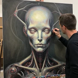cyborg artist painting a self - portrait on a canvas. intricate, highly detailed, digital matte painting in the style of gil elvgren and in the style of h. r. giger. irony, recursion, inspiration.
