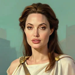 portrait of young angelina jolie as palas athena, the greek goddess of wisdom and war, brown eyes, rossdraws, ilvya kuvshinov, stylized background, matte painting, maya, pixar, artstation, highly detailed, masterpiece, epic