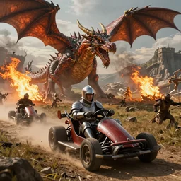 knights racing on medieval go-karts through a field while avoiding fire from dragons