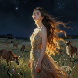 by chie yoshii threatening. a beautiful land art of a woman with long flowing hair, wild animals, & a dark, starry night sky.