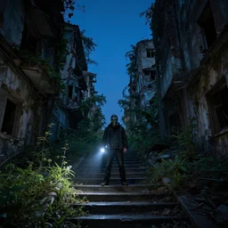 A misterious man wearing a gas mask using a flashlight is standing on the midle of a stair alley looking in the direction of the camera :: outside, blue sky visible :: Ruined city with vegetation and trees growing all over the place in the distroyed buildings :: apocalyptic, shadowy, disolate :: A long shot, low angle, dramatic backlighting, simetric photography, night time, slighty colorful :: cinematic shot, very detailed