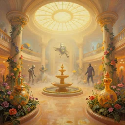 fish eye lens a bright minimalist bioluminescent oil painting by donato giancola, warm coloured, cinematic scifi luxurious futuristic foggy steam filled victorian garden mall interior with microscopy radial windows flowers growing out of pretty bulbous ceramic fountains, gigantic pillars and flowers, maschinen krieger, beeple, star trek, star wars, ilm, atmospheric perspective