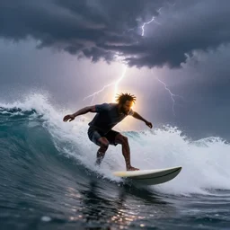 a wide angle dynamic action portrait of a black man with dreadlocks surfing in a thunderstorm, large violent waves, by artem rhads chebokha and tooth wu. radiant rim lighting.