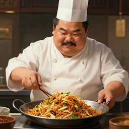 A fat chinese chef with a big mustache proundly making a yakisoba, digital painting, artstation, concept art, Craig Mullins, Breathtaking, 8k resolution, extremely detailed, beautiful, establishing shot, artistic, hyperrealistic, octane render, cinematic lighting, dramatic lighting, masterpiece, light brazen, extremely detailed and beautiful face