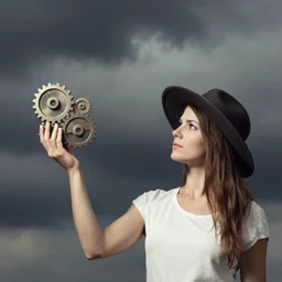 the woman is holding some gears and a hat, looking up at the sky with black clouds, in the style of the martin parr