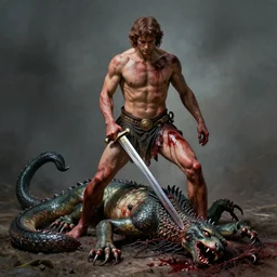 emotive by mab graves. a mixed mediart of hercules after he has completed one of his twelve labors, the killing of the hydra. he is standing over the dead hydra, covered in blood clutching a sword that slew the beast. his face is expressionless.