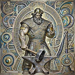 the blacksmith, very strong, muscular, big hammer, anvil, beard, fame of thrones, fibonacci,, intricate fashion clothing, insane, intricate, highly detailed, surrealistic, digital painting, artstation, concept art, smooth, sharp focus, illustration, Unreal Engine 5, 8K, art by artgerm and greg rutkowski and alphonse mucha