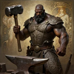 the blacksmith, very strong, muscular, big hammer, anvil, beard, fame of thrones, fibonacci,, intricate fashion clothing, insane, intricate, highly detailed, surrealistic, digital painting, artstation, concept art, smooth, sharp focus, illustration, Unreal Engine 5, 8K, art by artgerm and greg rutkowski and alphonse mucha