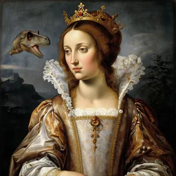portrait of tyrannosaurus dressed as an italian queen, painting by botticelli