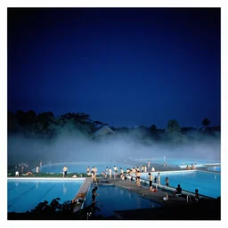 , night sky with stars, swarm of people, vintage swimming pools, lush fog, deep blue mood, contemporary archival color photograph print from the original negative, by stanley kubrick