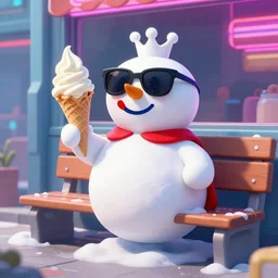 beautiful hypdertailed digital painting of a snowman wearing sunglasses sitting on a bench outside a futuristic neon cyberpunk ice cream store, cyberpunk city in background, night time, stunning lighting, global illumination, octane render, trending on artstation, unreal engine 5, 4 k