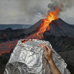 close up of a man in aluminum foil on the brink of a volcano with flowing lava. painting by asher brown durand - h 7 6 6