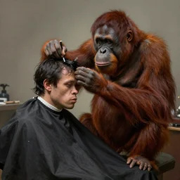 an epic matte painting of an orangutan barber giving a haircut to another orangutan, in the style of algernon blackwood, highly detailed digital art, ornately detailed, muted color, photorealistic