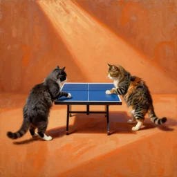 Dois gatos a jogar pingue-pongue sobre fundo cor de laranja, oil painting