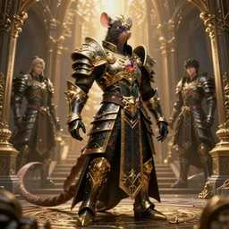 highly detailed champion paladin rat in black gold intricate and ornate armor, unreal engine, fantasy art by ruan jia, greg rutkowski, loish, rhads, makoto shinkai and lois van baarle, ilya kuvshinov, rossdraws global illumination, radiant light, detailed and intricate environment