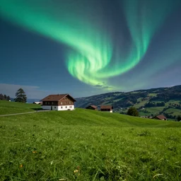 Switzerland during beautiful green grass spring with northern lights in the sky