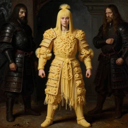 half boy half rhibo made of spaghetti, intricate armor made of spaghetti fractals, ancient warrior, samurai style, full bosy in frame, by giuseppe arcimboldo and ambrosius benson, renaissance, intricate and intense oil paint, a touch of beksinski, realistic